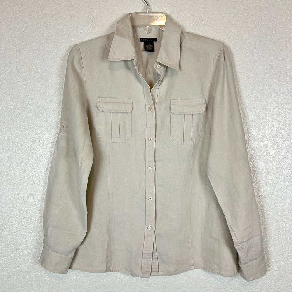 Grace Elements Tan Beige Linen Button Front Long Sleeve Shirt Size 10